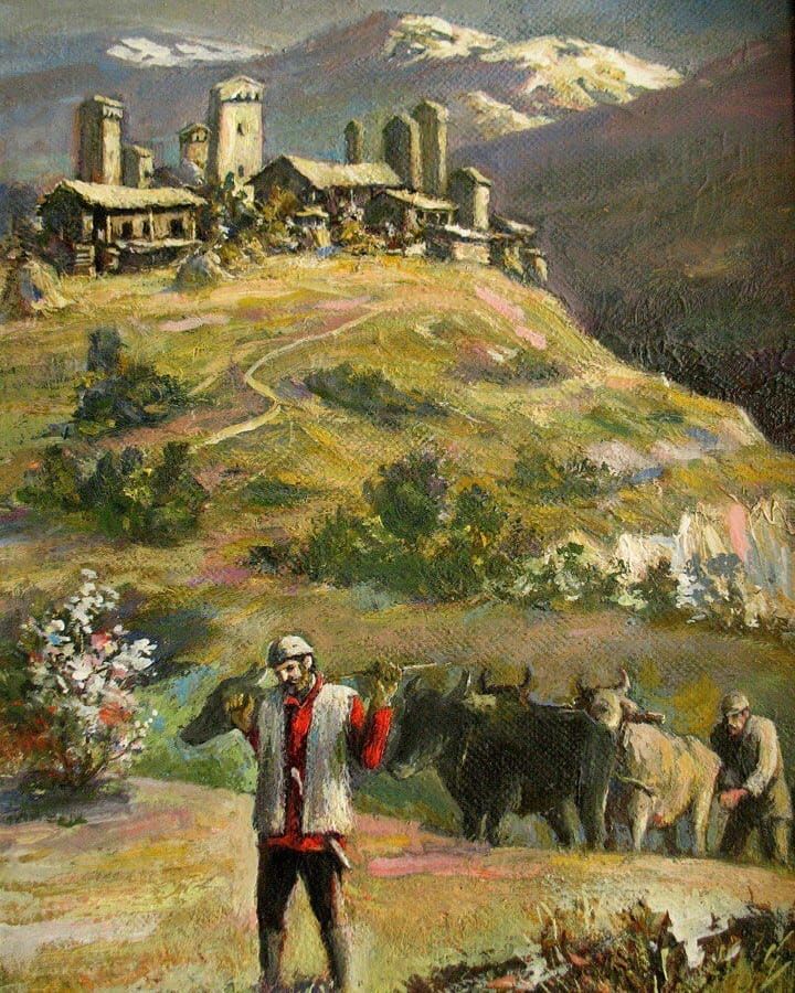 Traditional Georgian landscape painting with village, mountains, and a person in traditional clothing